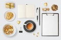 Modern objects and items for mock up template design. Notebook, coffee cup and chocolate. View from above. Royalty Free Stock Photo