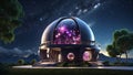 Modern observatory building, night sky with stars on the background space exploration concept