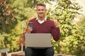 Modern occupation. Successful man working in cafe. Good vibes. Modern life concept. Businessman out of office. Freelance Royalty Free Stock Photo