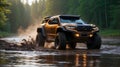 Modern off road vehicle driving trough river in the forest Royalty Free Stock Photo