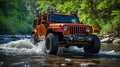 Modern off road vehicle driving trough river in the forest Royalty Free Stock Photo