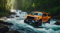 Modern off road vehicle driving trough river in the forest Royalty Free Stock Photo