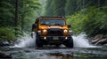 Modern off road vehicle driving trough river in the forest Royalty Free Stock Photo