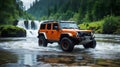 Modern off road vehicle driving trough river in the forest Royalty Free Stock Photo