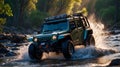 Modern off road vehicle driving trough river in the forest Royalty Free Stock Photo