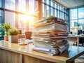 Modern Office Architecture Confronts the Paperwork Mountain A Visual Metaphor for Administrative Overload in the Royalty Free Stock Photo