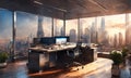 A modern office with a beautiful view of city outside Generative AI Royalty Free Stock Photo