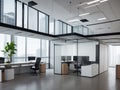 modern office boardroom and meeting room interior with desks, chairs and cityscape view. Royalty Free Stock Photo