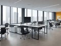 modern office boardroom and meeting room interior with desks, chairs and cityscape view. Royalty Free Stock Photo