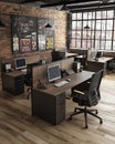 A modern office with a brick wall and a window