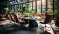 Modern office with bright windows, comfortable chairs, and teamwork discussions generated by AI Royalty Free Stock Photo
