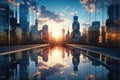 Modern office building or business center Tall buildings' windows made of glass reflect clouds and sunlight. Empty Royalty Free Stock Photo