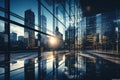 Modern office building or business center Tall buildings' windows made of glass reflect clouds and sunlight. Empty Royalty Free Stock Photo