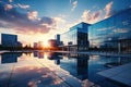 Modern office building or business center Tall buildings' windows made of glass reflect clouds and sunlight. Empty