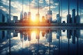 Modern office building or business center Tall buildings' windows made of glass reflect clouds and sunlight. Empty