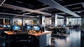 Modern office building, the empty room at night revealed sleek chair designs amid the indoor architecture. Empty room at night Royalty Free Stock Photo