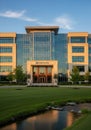 Modern office building with extensive glass facade reflecting the evening sunlight. Royalty Free Stock Photo
