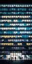 Modern office building facade with many windows. Office people working late at night. Generative Ai