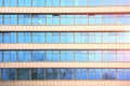 Modern office building facade with rows of windows reflecting blue sky and trees. Warm sunlight casts gentle glow across Royalty Free Stock Photo