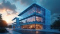 Modern office building glows with digital lines, smart tech. People work inside future structure. Energy efficient design shows Royalty Free Stock Photo