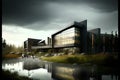 Modern office building with reflection in the lake. 3D render. Royalty Free Stock Photo