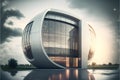 Modern office building with reflection in water and cloudy sky. 3d rendering Royalty Free Stock Photo