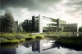 Modern office building with reflection in water. 3D Rendering. Royalty Free Stock Photo