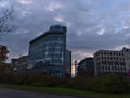 Modern office building of regional cooperative bank Stuttgarter Volksbank offering financial and investment services.