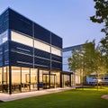 A modern office building with a smart, energy-efficient design, featuring smart lighting and climate control systems5 Royalty Free Stock Photo
