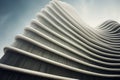 Modern office building with wavy futuristic design, low angle view of curve lines on sky background. Abstract geometric facade