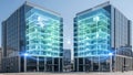 Modern office buildings with 3d edge computing network visualization Royalty Free Stock Photo