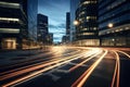 Modern office buildings with light trails of night Royalty Free Stock Photo