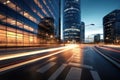 Modern office buildings with light trails of night Royalty Free Stock Photo