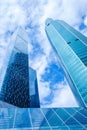 Modern office buildings. Low angle shot of modern glass skyscrapers against the sky, Moscow city, Russia. Royalty Free Stock Photo