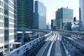 Modern office buildings from Yurikamome elevated monorail in Tokyo