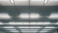 Modern office ceiling with white acoustic gypsum plasterboard and fluorescent lighting fixture.