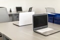 Modern office, close-up on work desk with laptop Royalty Free Stock Photo