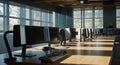 Modern office computer lab with rows of monitors and keyboards for data analysis and coding Royalty Free Stock Photo