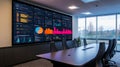 Modern Office Conference Room with Large Data Visualization Screen Displaying Charts and Graphs