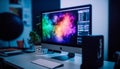 Modern office design with bright computer monitor and illuminated keyboard generated by AI