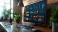 Modern Office Desk with Computer Displaying Data Analytics Royalty Free Stock Photo