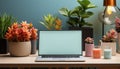 Modern office desk with computer, laptop, plant, and flower pot generated by AI