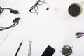 Modern Office desk with computer, notebook, headset, paper book Royalty Free Stock Photo