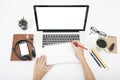 Modern Office desk with computer, notebook, headset, paper book Royalty Free Stock Photo