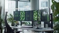 Modern Office Workspace with Multiple Monitors and Greenery Royalty Free Stock Photo