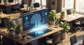 Modern office desk displays futuristic data visualization tree and network connection Royalty Free Stock Photo