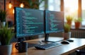 Modern office desk displays two computer monitors with code. Keyboard, mug sit beside monitors. Plants add touch of Royalty Free Stock Photo