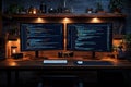 Modern office desk with dual monitors displaying coding and programming setup Royalty Free Stock Photo