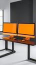 Modern Office Desk with Dual Orange Computers and Minimalist Design Royalty Free Stock Photo