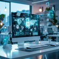 Modern office desk features sleek computer displaying digital security interface with global maps and data icons, creating Royalty Free Stock Photo